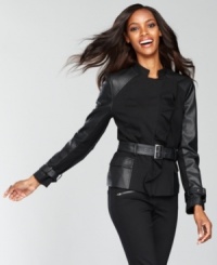 Mixed materials create a unique piece of outerwear from INC. Faux leather panels balance out the sweetness of a ruffled front closure. Mixed materials create a unique piece of outerwear from INC. Faux leather panels balance out the sweetness of a ruffled front closure.
