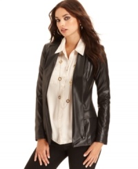 A high-shine coating makes this GUESS blazer a standout for a hot fall coverup -- perfect for chic style! A high-shine coating makes this GUESS blazer a standout for a hot fall coverup -- perfect for chic style!