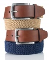 With a sporty cotton and leather fabrication, this belt from Club Room is perfect with your favorite pair of jeans or khakis.