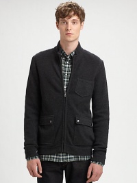 Made from an impeccable combination of wool and soft cotton, this knit jacket features a trio of convenient pockets.Stand collarChest pocketFront zipperPatch pocketsRibbed trim50% wool/50% cottonDry cleanImported Made from an impeccable combination of wool and soft cotton, this knit jacket features a trio of convenient pockets.Stand collarChest pocketFront zipperPatch pocketsRibbed trim50% wool/50% cottonDry cleanImported