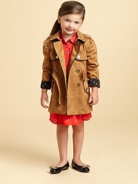 A structural trench in smooth cotton twill, finished with contrast piping and goldtone buttons.Notched collarDouble-breasted button front with hook-and-eye closureTab epaulettesLong sleeves with belted cuffsRemovable waist beltFront flap welt pocketsRain flap with buttonFully linedCottonDry cleanImported Please note: Number of buttons may vary depending on size ordered. A structural trench in smooth cotton twill, finished with contrast piping and goldtone buttons.Notched collarDouble-breasted button front with hook-and-eye closureTab epaulettesLong sleeves with belted cuffsRemovable waist beltFront flap welt pocketsRain flap with buttonFully linedCottonDry cleanImported Please note: Number of buttons may vary depending on size ordered.