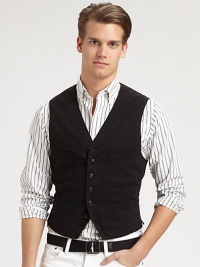 The pinnacle of casual polish, this classic-fitting vest is tailored in lightweight slub cotton twill with sleek Bemberg lining for a handsome finish.Button-frontChest, waist welt pocketsCottonDry cleanImported The pinnacle of casual polish, this classic-fitting vest is tailored in lightweight slub cotton twill with sleek Bemberg lining for a handsome finish.Button-frontChest, waist welt pocketsCottonDry cleanImported