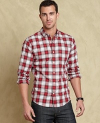 This red and white plaid shirt from Tommy Hilfiger should be a staple of your fall seasonal style. This red and white plaid shirt from Tommy Hilfiger should be a staple of your fall seasonal style.