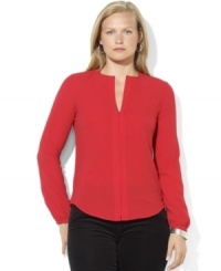 Lauren Ralph Lauren's long-sleeved plus size blouse in a breezy silhouette is accented with a flirty keyhole opening at the front and finished with a hidden placket for a modern update to a wardrobe must-have. Lauren Ralph Lauren's long-sleeved plus size blouse in a breezy silhouette is accented with a flirty keyhole opening at the front and finished with a hidden placket for a modern update to a wardrobe must-have.