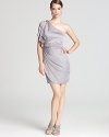 In cool, icy gunmetal, Aqua's one shoulder dress lends sparkling brilliance when teamed with jeweled sandals.