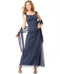 Alex Evenings' elegant gown is dressed up with beaded shoulder straps and a sheer, removable shawl. Alex Evenings' elegant gown is dressed up with beaded shoulder straps and a sheer, removable shawl.