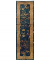 A long runner that is ideal for hallways and entryways. Marked by intriguing visual texture and saturated color, this rug features a pattern of burnished gold leaves that seem to break through a gauzy emerald background. A floating gold border perfectly frames the rug's dynamic beauty. Weathered details impart a timeworn, vintage look. A long runner that is ideal for hallways and entryways. Marked by intriguing visual texture and saturated color, this rug features a pattern of burnished gold leaves that seem to break through a gauzy emerald background. A floating gold border perfectly frames the rug's dynamic beauty. Weathered details impart a timeworn, vintage look.