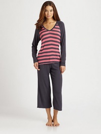 Spend your down time in silky-soft stretch jersey, enlivened with fresh-toned stripes.Banded V-necklineLong solid raglan sleevesElastic waist pantsInseam, about 25Rayon/spandexMachine washImported Spend your down time in silky-soft stretch jersey, enlivened with fresh-toned stripes.Banded V-necklineLong solid raglan sleevesElastic waist pantsInseam, about 25Rayon/spandexMachine washImported