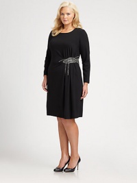 Made from super-soft jersey and featuring a stunning waist embellishment, a long-sleeve dress with midsection and hip flattering gathered details. Pleated necklineLong sleevesEmbellishment at gathered waistConcealed back zipperAbout 26 from natural waistViscose/polyamide/elastaneDry cleanImported Made from super-soft jersey and featuring a stunning waist embellishment, a long-sleeve dress with midsection and hip flattering gathered details. Pleated necklineLong sleevesEmbellishment at gathered waistConcealed back zipperAbout 26 from natural waistViscose/polyamide/elastaneDry cleanImported