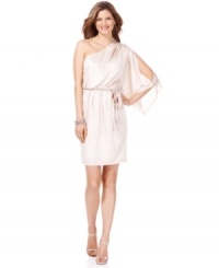 Maggy London's one-shoulder style is mesmerizing with a single short split sleeve and drawstring waist. Maggy London's one-shoulder style is mesmerizing with a single short split sleeve and drawstring waist.