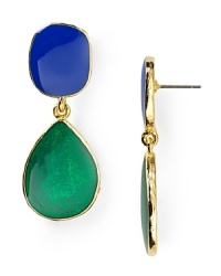 Effortless elegance, this pair of Kenneth Jay Lane earrings instantly updates your jewel box, crafted of rich 22-karat gold plate with a duo of gemstones as the compliment. Effortless elegance, this pair of Kenneth Jay Lane earrings instantly updates your jewel box, crafted of rich 22-karat gold plate with a duo of gemstones as the compliment.