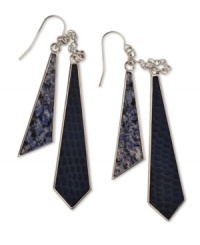 Add an edge to your party look with these earrings from GUESS. The navy and blue snake texture on the double-drop silhouette amps up your night. Crafted in silver tone mixed metal. Approximate drop: 3-1/2 inches. Add an edge to your party look with these earrings from GUESS. The navy and blue snake texture on the double-drop silhouette amps up your night. Crafted in silver tone mixed metal. Approximate drop: 3-1/2 inches.