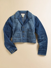 This stylish denim jacket is rendered in a slightly faded and frayed wash for a cool, timeworn look.Point collar with notched lapelLong sleeves with single button cuffsButton frontFront patch pocket65% cotton/35% elastaneMachine washImported Please note: Number of buttons may vary depending on size ordered. This stylish denim jacket is rendered in a slightly faded and frayed wash for a cool, timeworn look.Point collar with notched lapelLong sleeves with single button cuffsButton frontFront patch pocket65% cotton/35% elastaneMachine washImported Please note: Number of buttons may vary depending on size ordered.