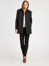 A chic style that will truly weather the storm thanks to its attached hood and sleek fabrication. Attached hoodSnap closureConcealed front zipperSlash pocketsFully linedAbout 32 from shoulder to hem64% cotton/31% nylon/5% elastaneMachine washImported Model shown is 5'11 (180cm) wearing US size 4. OUR FIT MODEL RECOMMENDS ordering true size. A chic style that will truly weather the storm thanks to its attached hood and sleek fabrication. Attached hoodSnap closureConcealed front zipperSlash pocketsFully linedAbout 32 from shoulder to hem64% cotton/31% nylon/5% elastaneMachine washImported Model shown is 5'11 (180cm) wearing US size 4. OUR FIT MODEL RECOMMENDS ordering true size.