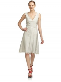 THE LOOKDouble v-neckSheer front panelSleevelessBust dartsSeam detailsContrast unfinished silk trimTHE FITAbout 40 from shoulder to hemTHE MATERIAL62% rayon/38% cottonContrast: silkFully linedCARE & ORIGINDry cleanMade in ItalyModel shown is 5'10 (177cm) wearing US size 4. THE LOOKDouble v-neckSheer front panelSleevelessBust dartsSeam detailsContrast unfinished silk trimTHE FITAbout 40 from shoulder to hemTHE MATERIAL62% rayon/38% cottonContrast: silkFully linedCARE & ORIGINDry cleanMade in ItalyModel shown is 5'10 (177cm) wearing US size 4.