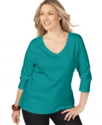 Stock up on basics with Karen Scott's three-quarter sleeve plus size top-- grab all the colors at an Everyday Value price! Stock up on basics with Karen Scott's three-quarter sleeve plus size top-- grab all the colors at an Everyday Value price!