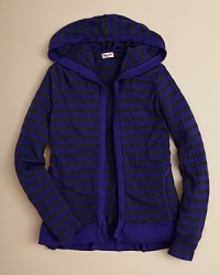 A hoodie with a more open drape, this wrap front top is rendered in super soft wafflknit stripes for a cozy cold-weather look she'll love to flaunt. A hoodie with a more open drape, this wrap front top is rendered in super soft wafflknit stripes for a cozy cold-weather look she'll love to flaunt.