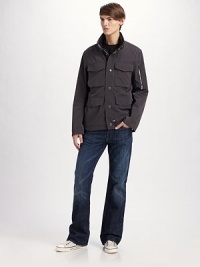Good style for bad weather, handsomely crafted in lightweight and breathable nylon with field-jacket details and reinforced elbow patches. Zip front with snap storm flap Stand collar with knit trim Chest, waist flap patch pockets Sleeve zip pocket Back vent Fully lined About 29 from shoulder to hem Polyester Machine wash Imported Good style for bad weather, handsomely crafted in lightweight and breathable nylon with field-jacket details and reinforced elbow patches. Zip front with snap storm flap Stand collar with knit trim Chest, waist flap patch pockets Sleeve zip pocket Back vent Fully lined About 29 from shoulder to hem Polyester Machine wash Imported