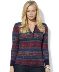 Lauren Ralph Lauren's soft cotton jersey plus size Henley is rendered with a bold allover pattern. Lauren Ralph Lauren's soft cotton jersey plus size Henley is rendered with a bold allover pattern.