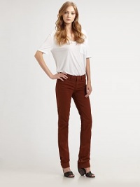 Vibrant denim with a low-rise fit and on-trend, skinny-leg construction. THE FITLow-rise Skinny leg Rise, about 8 Inseam, about 30THE DETAILSZip fly Button closure 98% cotton/2% Lycra Machine wash Made in USA of imported fabric Vibrant denim with a low-rise fit and on-trend, skinny-leg construction. THE FITLow-rise Skinny leg Rise, about 8 Inseam, about 30THE DETAILSZip fly Button closure 98% cotton/2% Lycra Machine wash Made in USA of imported fabric