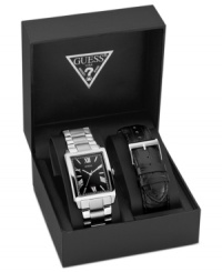 Keep your options open with this interchangeable watch set from GUESS. Keep your options open with this interchangeable watch set from GUESS.