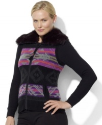 Rendered in a vibrant Fair Isle pattern, Lauren Ralph Lauren's cozy sweater vest is finished with luxe faux fur at the collar. Rendered in a vibrant Fair Isle pattern, Lauren Ralph Lauren's cozy sweater vest is finished with luxe faux fur at the collar.