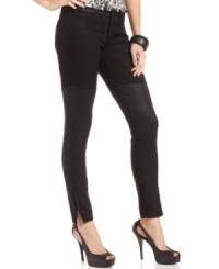 Coated denim panels make these GUESS black-wash skinny jeans a hot pick for adding urban-edge to your winter wardrobe! Coated denim panels make these GUESS black-wash skinny jeans a hot pick for adding urban-edge to your winter wardrobe!