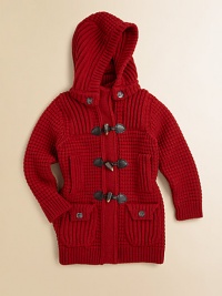 She'll stay cute and comfy in this waffle-knit layer with a versatile detachable hood, adorable toggle details and a longer silhouette to keep her extra warm.Detachable button hoodRibbed stand collarLong sleeves with ribbed cuffsFront toggle closureSlightly fitted waistSide slash pocketsFront patch button pocketsRibbed hem80% wool/20% nylonHand washMade in Italy She'll stay cute and comfy in this waffle-knit layer with a versatile detachable hood, adorable toggle details and a longer silhouette to keep her extra warm.Detachable button hoodRibbed stand collarLong sleeves with ribbed cuffsFront toggle closureSlightly fitted waistSide slash pocketsFront patch button pocketsRibbed hem80% wool/20% nylonHand washMade in Italy