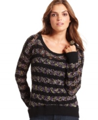 Multi-colored stripes and a sheer open knit makes this Kensie sweater a stylish layering piece! Multi-colored stripes and a sheer open knit makes this Kensie sweater a stylish layering piece!