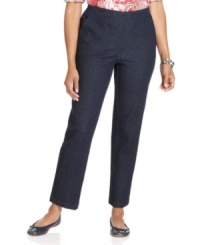 An elastic waistband makes these pull-on petite denim pants from Karen Scott extra comfy! Wear with your favorite ballet flats for an easy look. An elastic waistband makes these pull-on petite denim pants from Karen Scott extra comfy! Wear with your favorite ballet flats for an easy look.