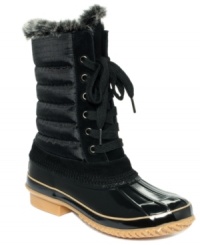 Rugged and waterproof, Khombu's Boston bean boots feature a slick waterproof suede and nylon upper and a tough rubber heel. Rugged and waterproof, Khombu's Boston bean boots feature a slick waterproof suede and nylon upper and a tough rubber heel.
