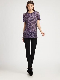 Finespun, semi-sheer modal, tailored in a classic style and patterned with a colorful leopard print.CrewneckShort sleevesModalDry cleanMade in Italy of imported fabricModel shown is 5'10½ (179cm) wearing US size Small. Finespun, semi-sheer modal, tailored in a classic style and patterned with a colorful leopard print.CrewneckShort sleevesModalDry cleanMade in Italy of imported fabricModel shown is 5'10½ (179cm) wearing US size Small.