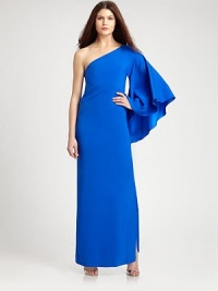 This modern, asymmetrical stretch silk style features a single wide, prettily draped sleeve.Asymmetrical necklineSingle long, wide sleeveConcealed side zipFully linedAbout 38 from natural waist95% silk/4% spandexDry cleanMade in USA of imported fabricModel shown is 5'10 (177cm) wearing US size 4. This modern, asymmetrical stretch silk style features a single wide, prettily draped sleeve.Asymmetrical necklineSingle long, wide sleeveConcealed side zipFully linedAbout 38 from natural waist95% silk/4% spandexDry cleanMade in USA of imported fabricModel shown is 5'10 (177cm) wearing US size 4.