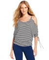 A sexy, shoulder-baring silhouette updates a classic striped tee from MICHAEL Michael Kors with a sultry, summery feel. Keep it casual with jeans or dress it up with accessories for added romance.