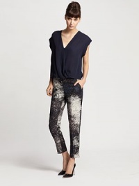 Cropped pant accented by a cloud print on luxurious silk-wool crepe de chine. Belt loopsZipper fly with button closureSide slash, back welt pocketsFront leg pintuckFully linedInseam, about 2780% silk/20% woolDry cleanImportedModel shown is 5'9½ (176cm) wearing US size 4. Cropped pant accented by a cloud print on luxurious silk-wool crepe de chine. Belt loopsZipper fly with button closureSide slash, back welt pocketsFront leg pintuckFully linedInseam, about 2780% silk/20% woolDry cleanImportedModel shown is 5'9½ (176cm) wearing US size 4.