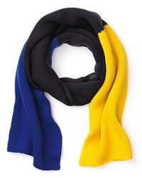 Bundle up in kate spade new york's chunky knit scarf with navy, royal blue and yellow colorblocking. Bundle up in kate spade new york's chunky knit scarf with navy, royal blue and yellow colorblocking.