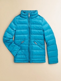Sleek and chic, this shapely jacket keeps your little fashionista warm without sacrificing style.Removable hood with check liningStand collarShoulder epauletsFront zip closeLong sleevesAngled zip pocketsSmooth back yokeFully linedNylonMachine washImported Sleek and chic, this shapely jacket keeps your little fashionista warm without sacrificing style.Removable hood with check liningStand collarShoulder epauletsFront zip closeLong sleevesAngled zip pocketsSmooth back yokeFully linedNylonMachine washImported
