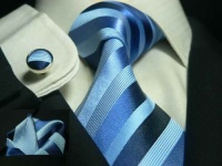 Landisun 199 Bright Blue Stripes Mens Silk Tie Set: Tie+Hanky+Cufflinks