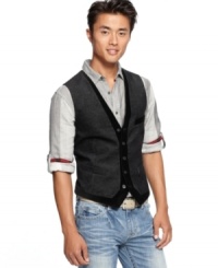This handsome vest by INC International Concepts adds a sophisticated touch to your fall wardrobe. This handsome vest by INC International Concepts adds a sophisticated touch to your fall wardrobe.