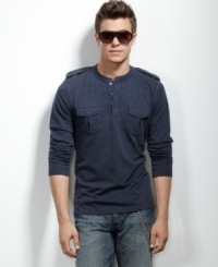 INC International Concepts tricks out your ordinary henley shirt with military-issue epaulets and snap pockets. INC International Concepts tricks out your ordinary henley shirt with military-issue epaulets and snap pockets.