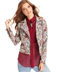 A floral tapestry fabric brings print and texture to this Free People motorcycle jacket for a feminine yet fashion-forward look! A floral tapestry fabric brings print and texture to this Free People motorcycle jacket for a feminine yet fashion-forward look!