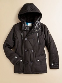 An attached hood, shiny lining and plenty of pockets add modern touches to this cold-weather classic.Attached hood with button and snap closureLong sleevesDouble-breasted button-frontZip-slash pocketsSnap-flap pocketsFully linedPolyesterMachine washImported Please note: Number of snaps may vary depending on size ordered. An attached hood, shiny lining and plenty of pockets add modern touches to this cold-weather classic.Attached hood with button and snap closureLong sleevesDouble-breasted button-frontZip-slash pocketsSnap-flap pocketsFully linedPolyesterMachine washImported Please note: Number of snaps may vary depending on size ordered.
