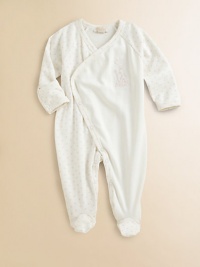 Polka dots and a cute giraffe appliqué make this precious, pima cotton one-piece a must-have for baby.V-neckLong sleeves with mitten cuffsFront crossover snapsBottom snapsPima cottonMachine washImported Please note: Number of snaps may vary depending on size ordered. Polka dots and a cute giraffe appliqué make this precious, pima cotton one-piece a must-have for baby.V-neckLong sleeves with mitten cuffsFront crossover snapsBottom snapsPima cottonMachine washImported Please note: Number of snaps may vary depending on size ordered.