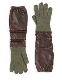 THE LOOKCashmere gloves Leather extended cuffsGrommet and wrap-around leather lace detailsMetal logo accentElastic opening THE MATERIALLeatherPartially linedCARE & ORIGINDry clean by leather specialistMade in Italy THE LOOKCashmere gloves Leather extended cuffsGrommet and wrap-around leather lace detailsMetal logo accentElastic opening THE MATERIALLeatherPartially linedCARE & ORIGINDry clean by leather specialistMade in Italy