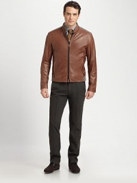 Ribbed knit banding, uniquely placed at the collar, shoulder and hem enhance the blousy effect of this jacket rendered in luxuriously soft lambskin leather.Two-way zip frontStand collarSide slash pocketsRibbed knit collar, shoulder and hem detailFully linedAbout 26 from shoulder to hemLeatherDry cleanImported Ribbed knit banding, uniquely placed at the collar, shoulder and hem enhance the blousy effect of this jacket rendered in luxuriously soft lambskin leather.Two-way zip frontStand collarSide slash pocketsRibbed knit collar, shoulder and hem detailFully linedAbout 26 from shoulder to hemLeatherDry cleanImported