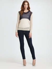 Chunky, semi-sheer knit in a relaxed silhouette with ribbed trim and a modern colorblock design. Ribbed, semi-sheer crewneckDropped shouldersLong sleevesRibbed cuffs and hemSemi-sheer upper backLinen/spandexDry cleanImported of Italian fabricModel shown is 5'10 (177cm) wearing US size Small. Chunky, semi-sheer knit in a relaxed silhouette with ribbed trim and a modern colorblock design. Ribbed, semi-sheer crewneckDropped shouldersLong sleevesRibbed cuffs and hemSemi-sheer upper backLinen/spandexDry cleanImported of Italian fabricModel shown is 5'10 (177cm) wearing US size Small.