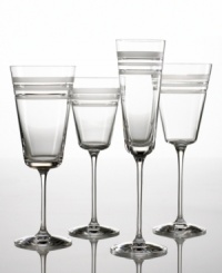 The Library Stripe wine glass is a perfect example of what kate spade does best: Mixing classical design with modern touches. Alternating deep cut bands of frosted and clear crystal combine for a chic sensibility. Wine glass back left. The Library Stripe wine glass is a perfect example of what kate spade does best: Mixing classical design with modern touches. Alternating deep cut bands of frosted and clear crystal combine for a chic sensibility. Wine glass back left.