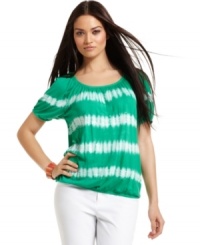 A bold tie dye print and a smattering of sequins decorate INC's petite peasant top. Perfect for pairing with jeans, capris and shorts! A bold tie dye print and a smattering of sequins decorate INC's petite peasant top. Perfect for pairing with jeans, capris and shorts!