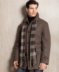 Set yourself up with instant style and cool-weather comfort in this wool-blend coat and scarf from London Fog. Set yourself up with instant style and cool-weather comfort in this wool-blend coat and scarf from London Fog.
