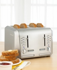 Able to keep pace with even the most voracious appetites, this sleek, modern toaster features dual controls for custom toasting. Shining in brilliant stainless steel with die-cast knobs, buttons and levers, you'll enjoy the convenience of four extra-wide and long slots that self-adjust to grip and center bread, bagel and more for precise toasting to your exact specifications. One-year limited warranty. Able to keep pace with even the most voracious appetites, this sleek, modern toaster features dual controls for custom toasting. Shining in brilliant stainless steel with die-cast knobs, buttons and levers, you'll enjoy the convenience of four extra-wide and long slots that self-adjust to grip and center bread, bagel and more for precise toasting to your exact specifications. One-year limited warranty.
